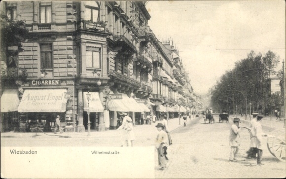 Ansichtkaart Wiesbaden in Hessen, Wilhelmstrasse, sigarenwinkel August Engel