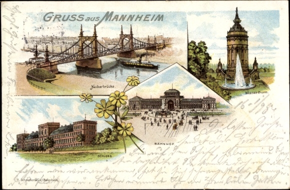Chromo-Litho Mannheim in Baden, water tower, Neckar bridge, castle, train station