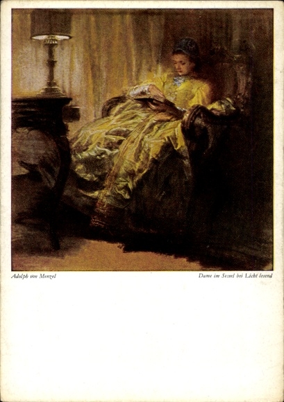 Künstler Ak Adolph von Menzel, Dame im Sessel bei Licht lesend, Wiechmann Nr. K 379