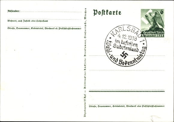Postal stationery Postcard We thank our leader, Sudetenland, Bohemia, Moravia, Hitler