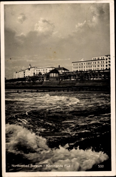 Postcard Nordseebad Borkum in Ostfriesland, Nordseebad Borkum - Coming Flood