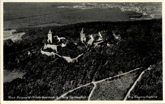 Postcard Nieder Beerbach Mühltal in the Odenwald, Castle Frankenstein, House Burgwald/Niederbeerbach, aerial photograph