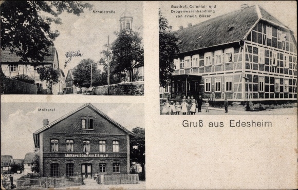 KP Edesheim Northeim w Dolnej Saksonii, Schulstrasse, szkoła, mleczarnia, zajazd, budynek handlowy