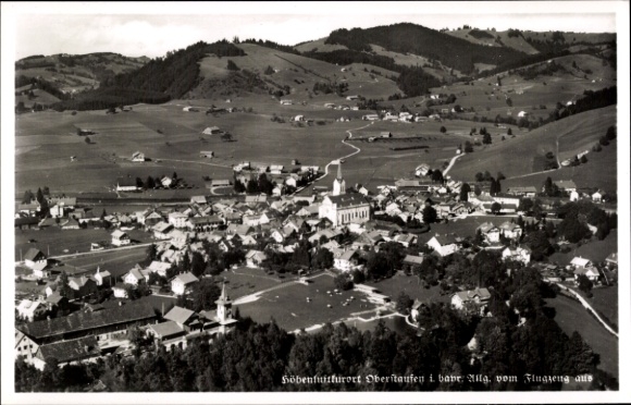 Postcard Oberstaufen in Allgäu, aerial photograph, church