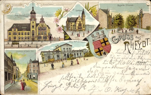 Postcard Rheydt Mönchengladbach on the Lower Rhine, Various buildings, greeting from coat of arms,