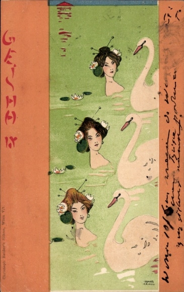 Kunstenaar litho Kirchner, R., Geisha, vrouwen en zwanen in het water