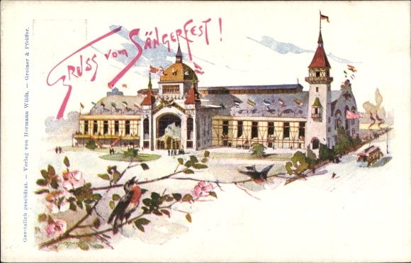 Postwaardekaart briefkaart Stuttgart in Baden Württemberg, groeten van het zangfestival, tram, roodborstje