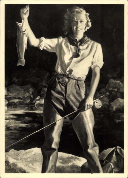 Künstler Ak Engelhard, Jul. U., Sportfischerin, Frau mit Angel und Fisch, HDK 422