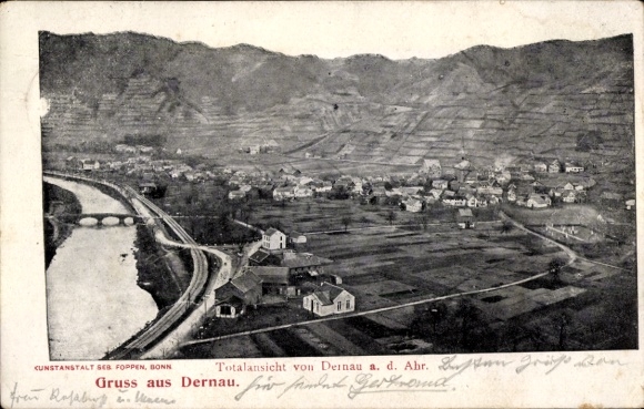 Postcard Dernau on the Ahr, landscape view, river, houses, bridge, mountains in the background