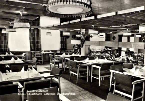 Ak Jena in Thüringen, Cafeteria Domburg, Innenansicht, Tische und Stühle, dekoratives Licht