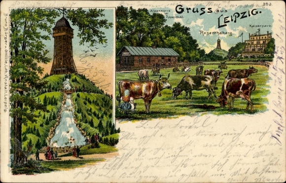 Litho Leipzig, Alpenhütte in Rosenthal, Scherbelberg, Kaiserpark, koeien, herten, Bruno Bürger 393