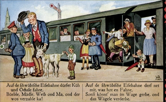 Artist Postcard Boettcher, Hans, Küh and Öchsle can ride on the Swabian railway