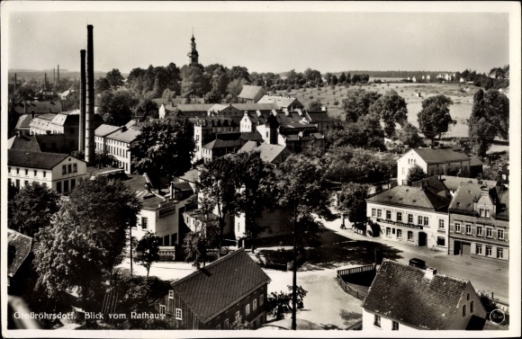 PC Großröhrsdorf in the Bautzen district, view from the town hall, Schurig weaving mill, Hotel zur goldenen Krone