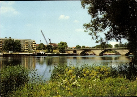 PC Schwedt on the Oder, bridge over the canal, crane, block of flats