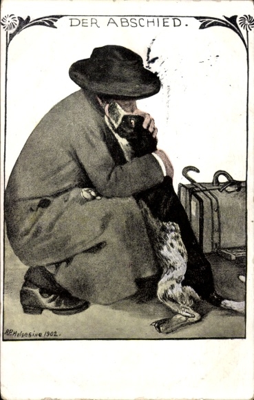 Kunstenaarskaart Pfeiffer, Richard, afscheid, man, hond