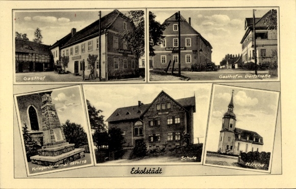 Ak Eckolstädt Bad Sulza in Thüringen, Gasthof, Gasthof m. Dorfstraße, Kriegerdenkmal, Schule, Kir