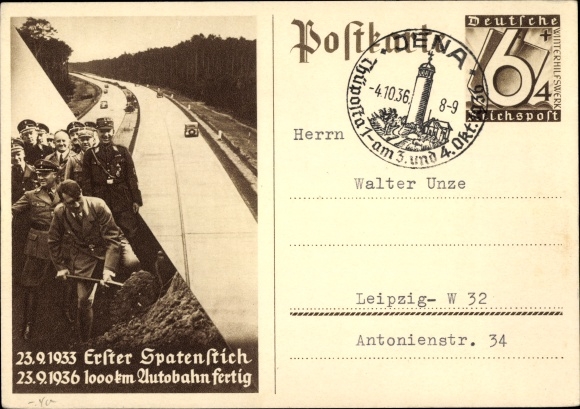 Ganzsachen Ak Hitler, Bau der Reichs-Autobahn, Erster Spatenstich 23.9.1933