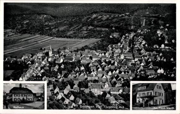 Postcard Gerlingen in Württemberg, aerial photograph of the town hall and Mauth department store