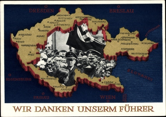 Postal stationery Postcard We thank our leader, Sudetenland, Bohemia, Moravia, Hitler