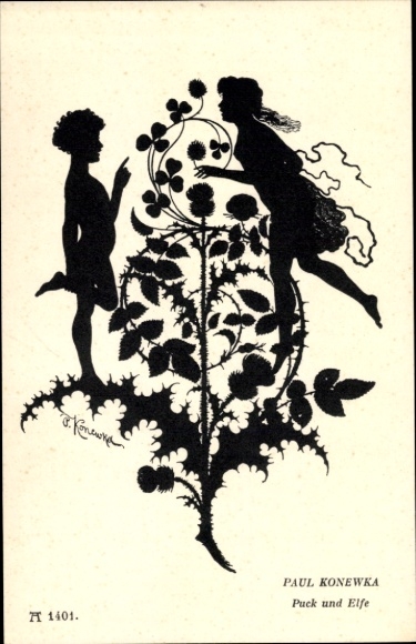 Paper cutting Postcard Konewka, Paul, Puck and Else, From a Midsummer Night's Dream