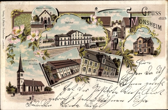 Chromo-Litho Monsheim in Rheinhessen, train station, track side, castle gate, post office, castle, Mennonite church