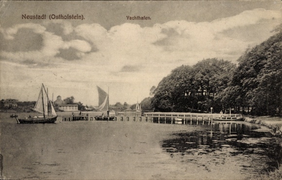Postcard Neustadt in Holstein, marina, sailing boats, calm water landscape, trees in the background