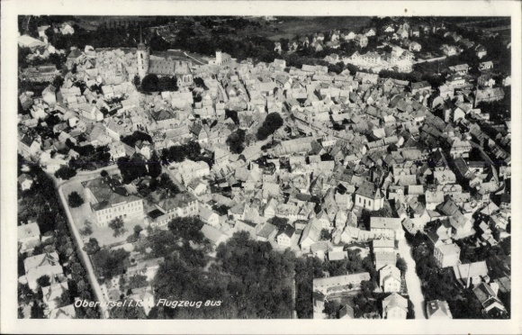 Postcard Oberursel in Taunus Hessen, aerial view of many houses, trees, church