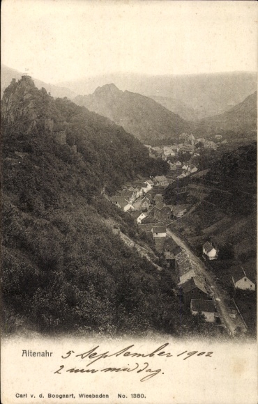 Postcard Altenahr in the Ahr Valley, black and white photography, landscape with village, rocks, river