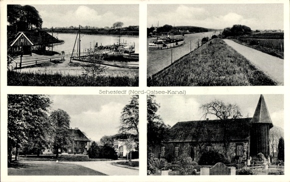Ak Sehestedt aan het Noord-Baltische Zeekanaal, Kiel-kanaal, kerk, schip, boten