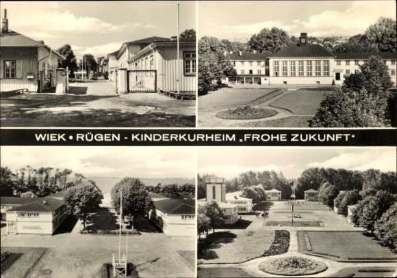 Ak Wiek op Rügen, kinderkuuroord Frohe Zukunft, park, ingang, gedeeltelijk uitzicht op het huis