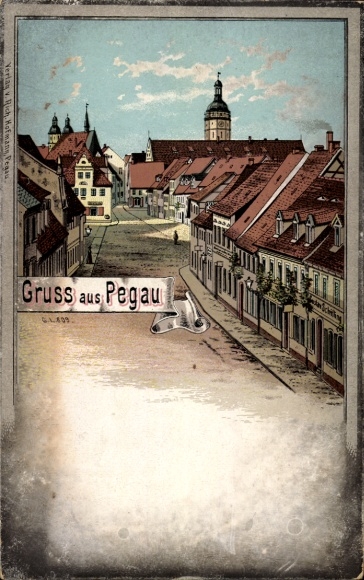 Chromo-Litho Pegau on the White Elster Saxony, street section with church tower