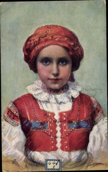 Artist Postcard Petera, O., girl in Slovakian costume, portrait