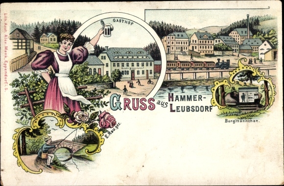 Künstler Litho Rau, E., Hammerleubsdorf Leubsdorf in Sachsen, Bergmännchen, Gasthof, Angler