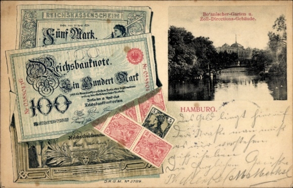 Passepartout Ak Hamburg Mitte Neustadt, Botanischer Garten, Zoll-Direktions-Gebäude, Reichsbanknote