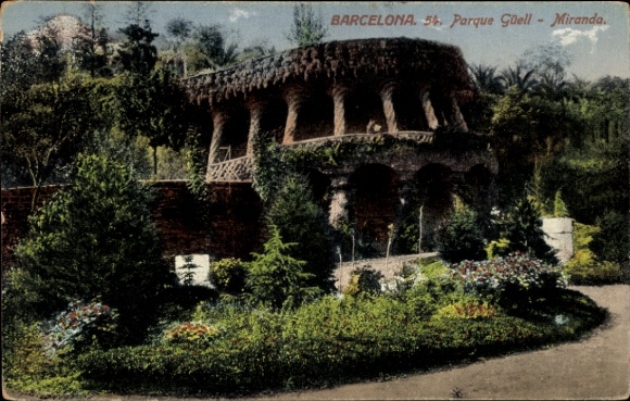 Postcard Barcelona Catalonia Spain, Park Güell, garden landscape, colorful flowers, architecture