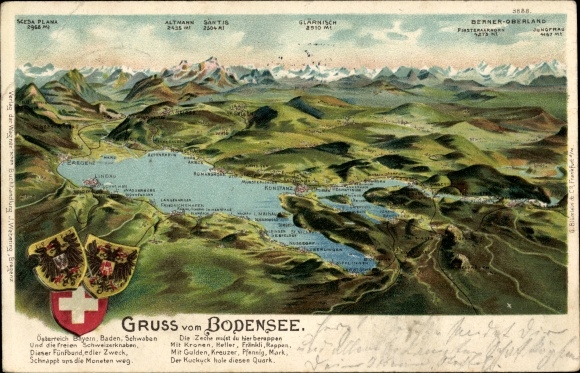 Maps coat of arms Chromo-Litho Friedrichshafen on Lake Constance, Bregenz, Rhine Falls, Alpine panorama