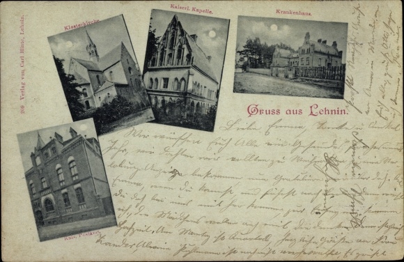Moonlight Postcard Kloster Lehnin in der Mark, imperial chapel, hospital, monastery church, post office