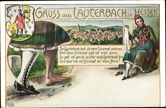 Artist Coat of Arms PC Lauterbach in Hesse, view of the town, woman in costume with a lost stocking