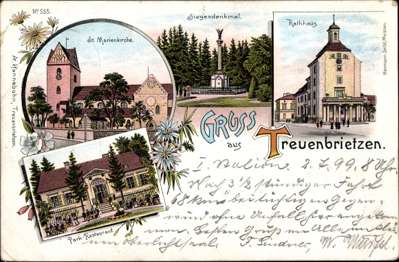 Chromo-Litho Treuenbrietzen in Brandenburg, St. Marienkirche, victory monument, town hall, park restaurant