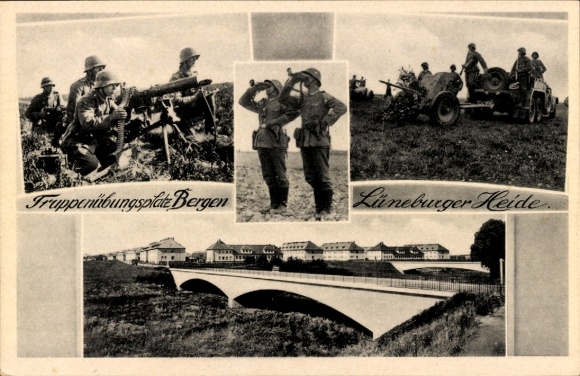 Ak Bergen in der Lüneburger Heide, Truppenübungsplatz, Wehrmacht, MG, Geschütz, Kasernen