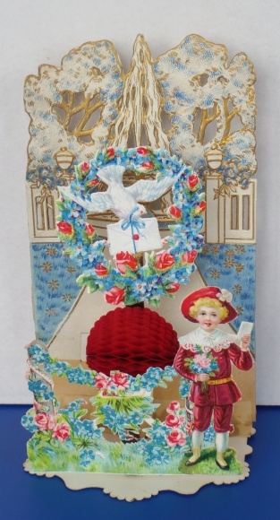 Backdrop card 3D wafer standee, congratulations, boy with letter, wreath of flowers, dove