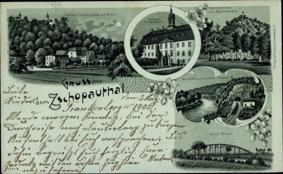 Mondschein Litho Lichtenwalde Niederwiesa Sachsen, Zschopautal, Schloss, Brücke, Körnerkreuz