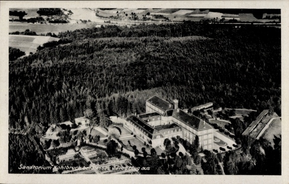 Postcard Kohlbruck Passau in Lower Bavaria, aerial view of the Sanatorium Kohlbruck, surrounded by forests, rocks
