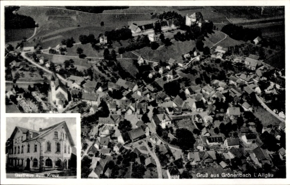 Postcard Bad Grönenbach im Allgäu, aerial photograph, Gasthaus zum Kreuz, owner Philipp Endres