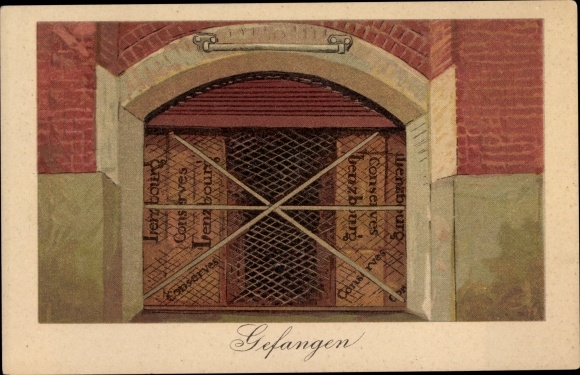 Postcard caught, goods behind bars in the warehouse, advertising, Conserven Lenzbourg, Lenzburg