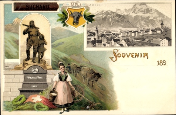 litho Altdorf Kt. Uri, Tell-monument, vrouw in klederdracht, stadsgezicht, advertentie Suchard