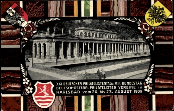 Herb papeterii pocztowej, passepartout KP Karlovy Vary Karlsbad miasto, XXI. Dzień Filatelisty Niemieckiego 1909