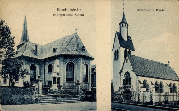 Postcard Bischofsheim Mainspitze Hesse, Protestant Church, Catholic Church