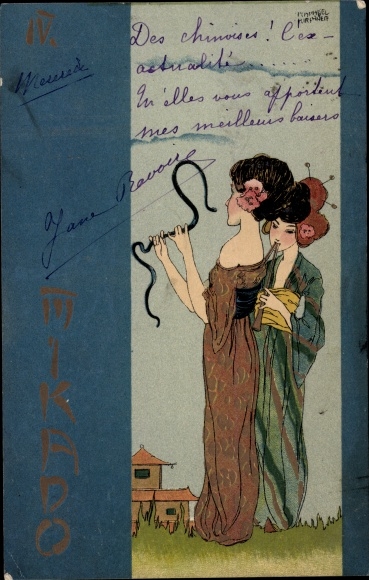 Art Nouveau-kunstenaar litho Kirchner, Raphael, Mikado IV, Japanse vrouwen, Snake
