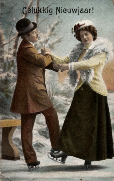 Chromo-Litho Happy New Year, lovers ice skating on the lake